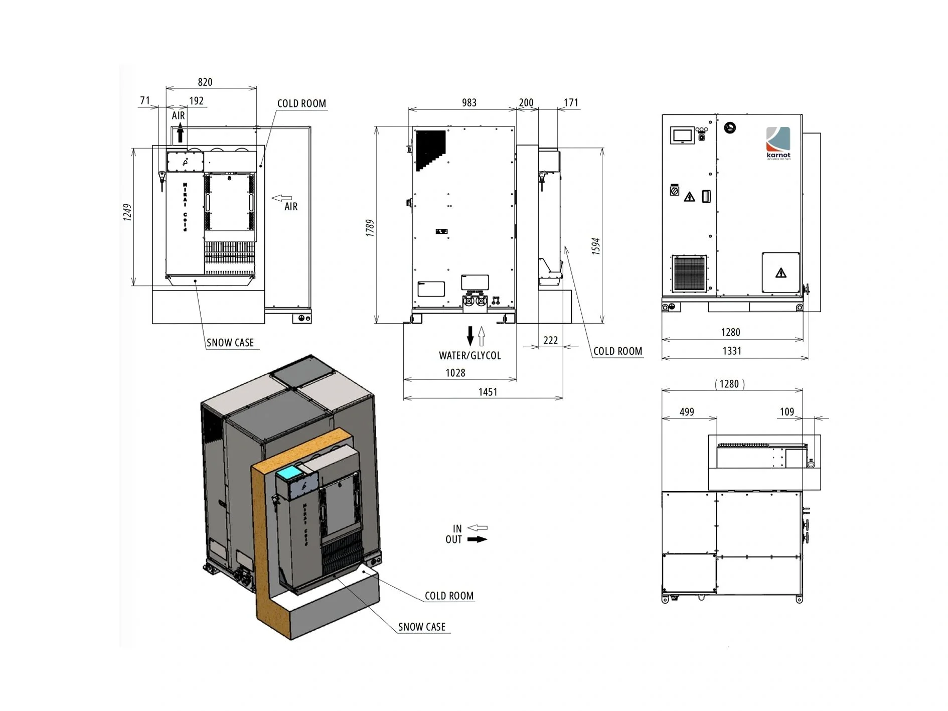 iCRYO 10 technical dimensional drawing showing front and side elevations