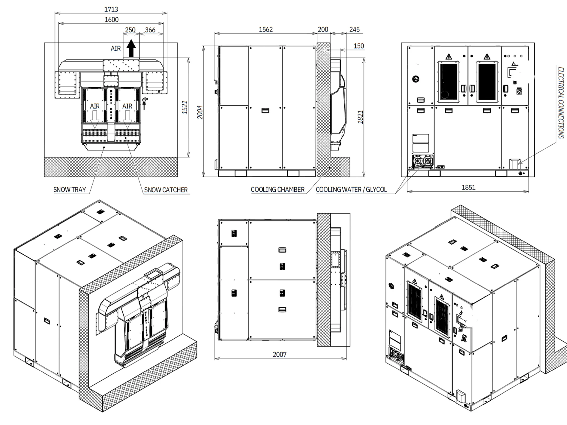 iCRYO 20 technical dimensional drawing showing front and side elevations